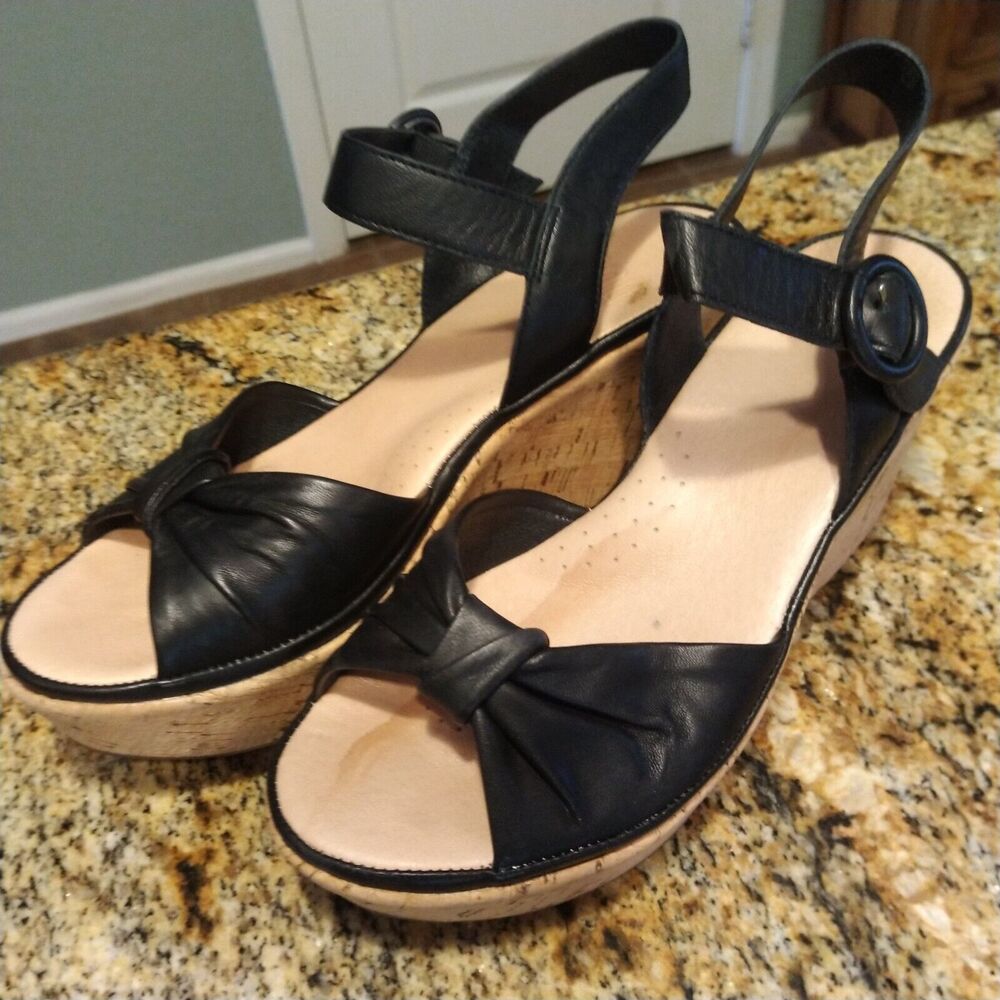 ONO Caul17 Black Leather Ankle Strap Heel Cork Wedge Platform N30303 Size 6M